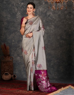 Samah Woven, Embellished, Self Design Banarasi Silk Blend, Jacquard Saree(Grey, Magenta)