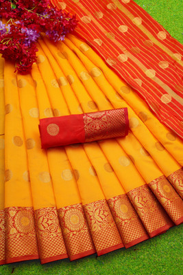 Gold Art Fashion Woven Kanjivaram Jacquard, Pure Silk Saree(Yellow)