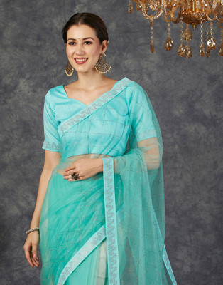 Samah Dyed, Embellished Bollywood Net Saree(Light Blue, Gold)