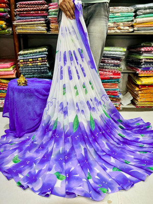 Sitanjali Floral Print Bollywood Georgette Saree(Blue)
