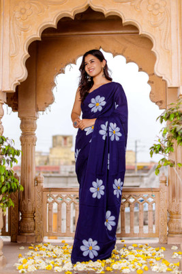 Aika Floral Print Daily Wear Linen Saree(Dark Blue)