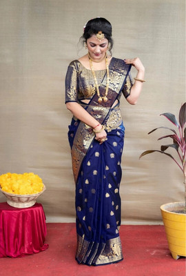 Om Creation Self Design Banarasi Silk Blend Saree(Blue)