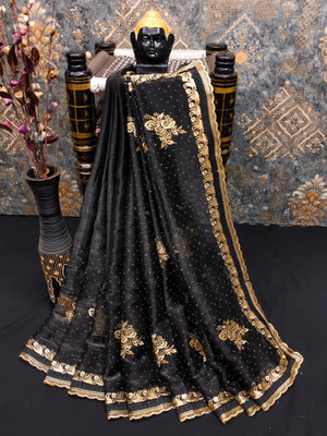 Keshav Creation Embroidered Bollywood Brasso Saree(Black)