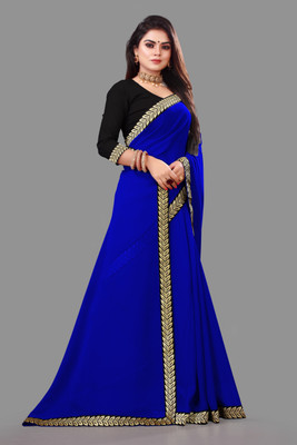 DHRAM CREATION Solid/Plain Bollywood Georgette Saree(Blue)