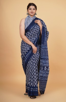 Krishna Creation Printed Ikkat Pure Cotton Saree(Blue)