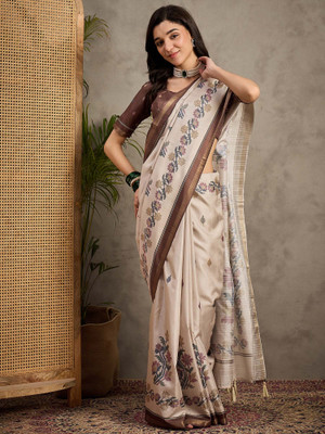 Sareemall Printed Daily Wear Silk Blend Saree(Cream)