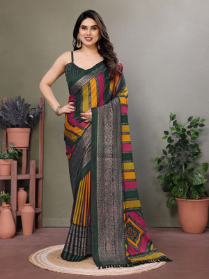 RAJESHWAR FASHION Striped, Printed Bollywood Pure Silk Saree(Multicolor)