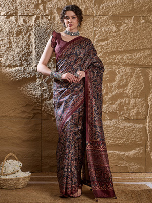 ANOUK Digital Print Daily Wear Silk Blend Saree(Black)