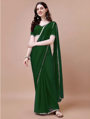 Labheshwari Solid/Plain Bollywood Georgette Saree(Green)