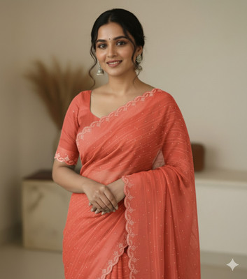TRENDY CULTURE ENTERPRISES Embellished Bollywood Cotton Blend Saree(Red)