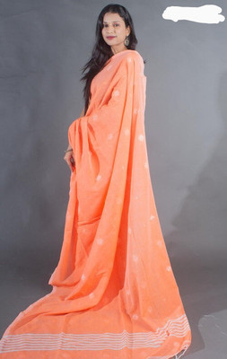 NADIA HANDALOOM Self Design Handloom Pure Cotton Saree(Orange)