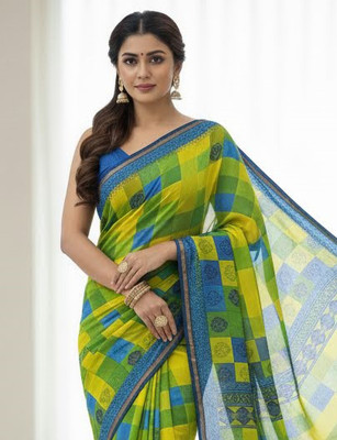 Anugrah Textile Printed Banarasi Lycra Blend, Chiffon Saree(Yellow, Blue)