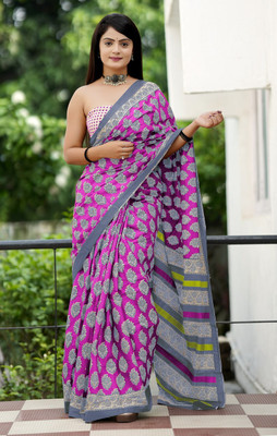 Rudra Printed Saree with Attached Blouse Cotton Blend Saree(Pink)
