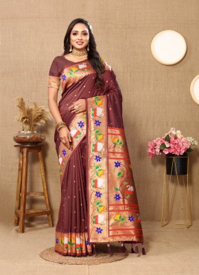 Niwaa Printed, Self Design, Embellished, Woven, Animal Print, Blocked Printed Paithani Jacquard, Silk Blend Saree(Brown)