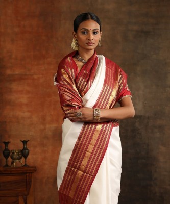 pavanputra fab Self Design Banarasi Jacquard Saree(White)