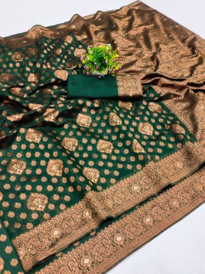 Aadvika Woven Kanjivaram Jacquard, Cotton Silk Saree(Dark Green)