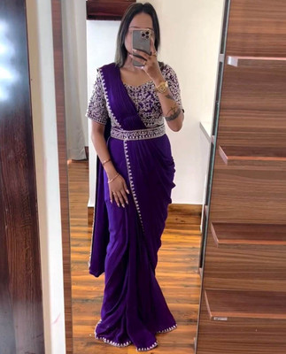 PD CLOTH VILLA Solid/Plain, Striped Bollywood Pure Silk Saree(Purple)