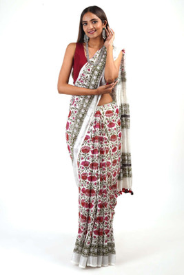 Soor Panchi Digital Print Banarasi Cotton Linen Saree(Red)