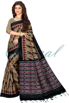 Quetzal Printed, Self Design Sambalpuri Pure Cotton Saree(Beige)