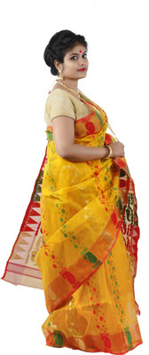 Dipali Enterprise Self Design, Striped, Woven Jamdani Handloom Cotton Blend Saree(Green, Yellow)
