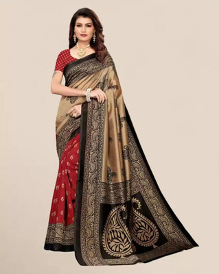Grubstaker Printed Assam Silk Art Silk Saree(Multicolor)
