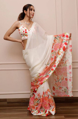 DEVICE of NT Printed, Woven Kanjivaram Pure Cotton, Cotton Linen Saree(White)
