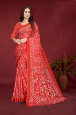jihana fab Printed Kanjivaram Chiffon, Silk Blend Saree(Red)