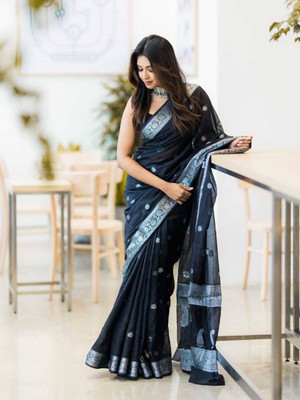 Neel Fashion Self Design Banarasi Silk Blend Saree(Black)