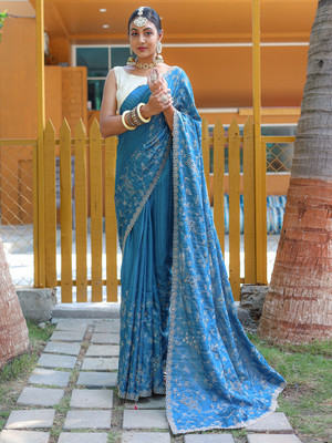 SGF11 Self Design Handloom Silk Blend Saree(Blue)
