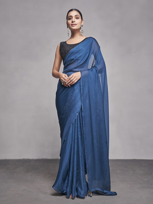Divastri Solid/Plain Bollywood Georgette Saree(Dark Blue)