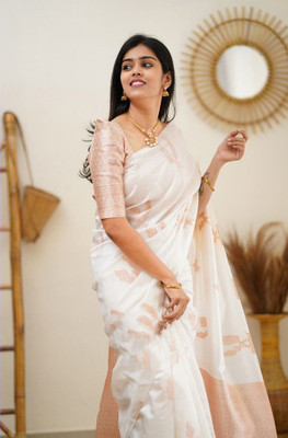 mahira Woven Bollywood Silk Blend, Jacquard Saree(White)