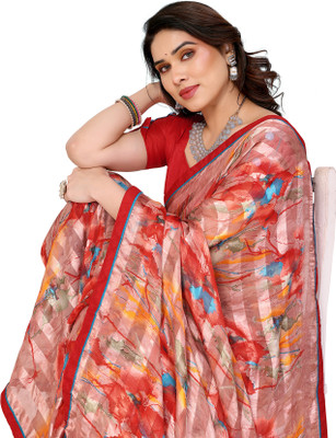 Priyashi Printed Bollywood Georgette, Lace Saree(Red)