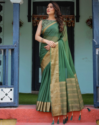 Satrani Woven, Embellished Mangalagiri Chiffon Saree(Green)