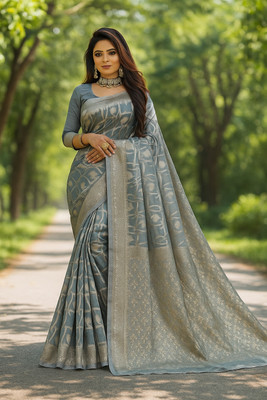 Suntex Woven Banarasi Cotton Blend Saree(Grey)