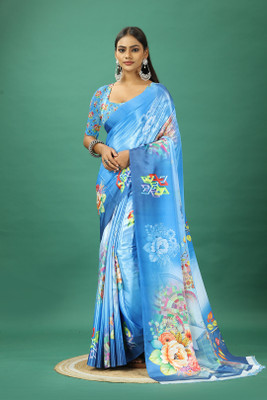 A V M PRINTS Self Design Bollywood Satin Saree(Blue)