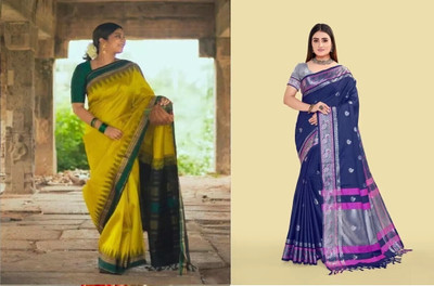 Bansari Textiles Embellished, Applique, Self Design, Woven Kanjivaram Jacquard Saree(Pack of 2, Yellow, Blue)