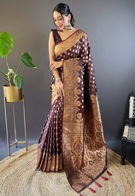 SICHYAH Woven Banarasi Satin, Silk Blend Saree(Maroon)
