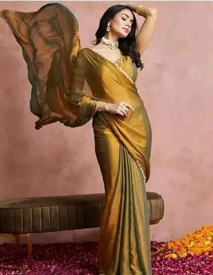 Niraj Creations Solid/Plain Bollywood Silk Blend Saree(Yellow)
