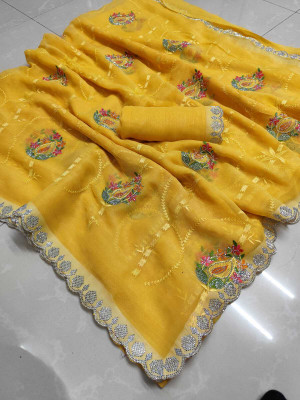 Sareez House Embroidered Bollywood Chiffon Saree(Yellow)