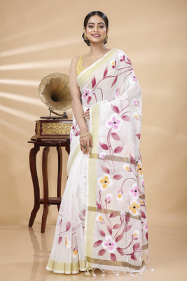 PuJoy Floral Print Handloom Cotton Blend Saree(White)