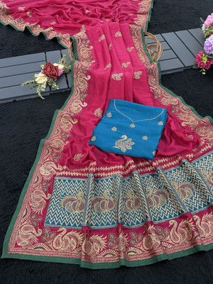 CHAMUNDA CREATION Embroidered Bollywood Pure Silk Saree(Pink)