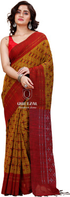 Quetzal Printed Sambalpuri Pure Cotton Saree(Yellow, Maroon)