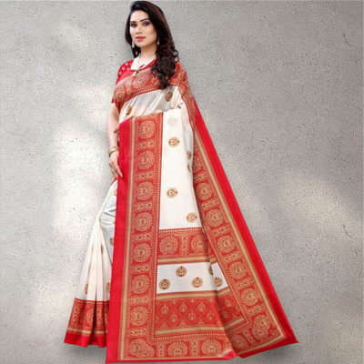 Grubstaker Printed Banarasi Tussar Silk Saree(Red)
