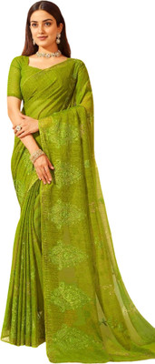 WIWINGS Embroidered, Floral Print, Self Design, Woven Bollywood Chiffon Saree(Dark Green)