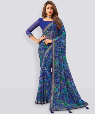 Samah Printed, Embellished Bollywood Georgette, Chiffon Saree(Blue)