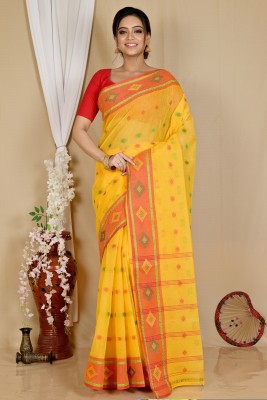 DipDiya Self Design, Woven, Embellished Tant Pure Cotton Saree(Yellow)