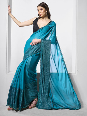 Kalista Embellished, Solid/Plain Bollywood Lycra Blend, Chiffon Saree(Blue)