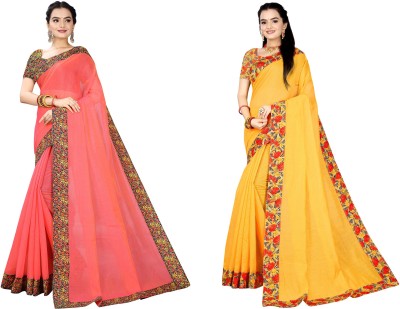 manish Printed Chanderi Cotton Blend Saree(Pack of 2, Pink, Yellow)