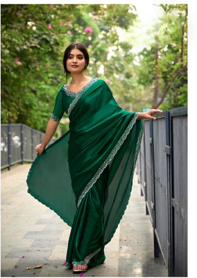 HARIOM CREATION Self Design, Solid/Plain, Paisley Saree with Attached Blouse Satin Saree(Green)