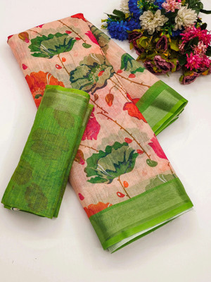 TANURI Floral Print Bollywood Cotton Linen, Cotton Silk Saree(Pink, Green)